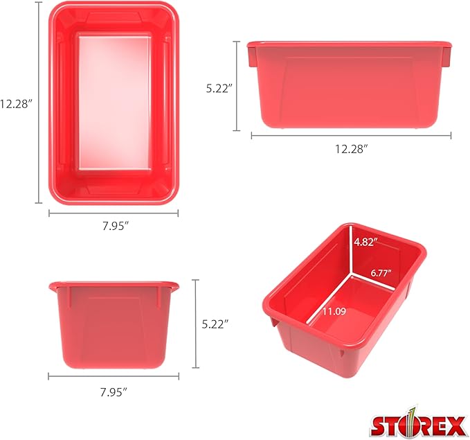 Storex Small Cubby Bins – Plastic Storage Containers for Classroom with Non-Snap Lid, 12.2 x 7.8 x 5.1 inches, Red, (62407U05