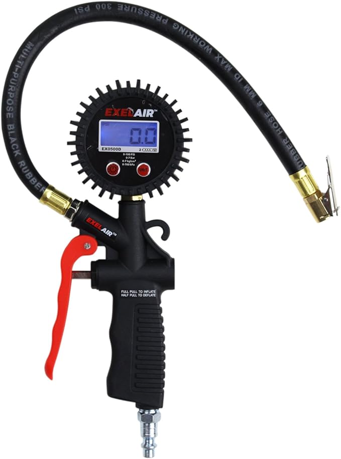 EXELAIR Digital Pistol Grip Tire Inflator Gauge EX0500D, Easy Clip Air Chuck, Easy to Read 0.1 Display, Pistol Grip Handle, 100 PSI Max Pressure, 16" Air Hose, 1/4" NPT (PSI, kPa, Bar, and kg/cm2)