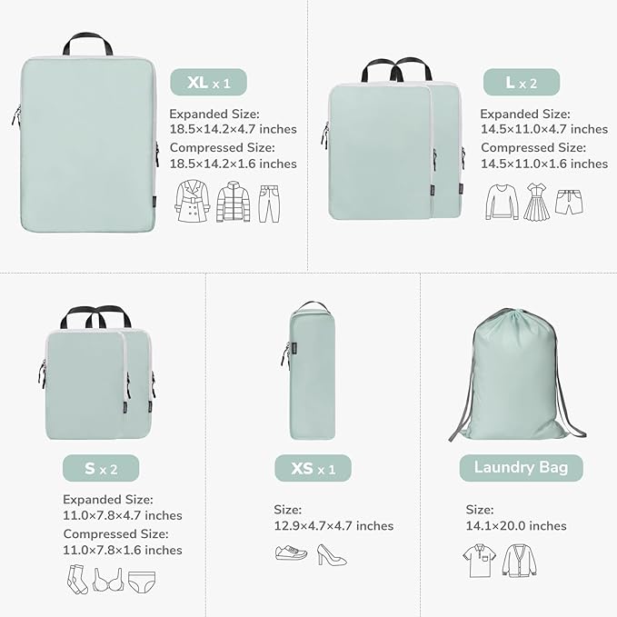 CherryNow Compression Packing Cubes, 7 Set Packing Cubes for Travel, Travel Essentials for Suitcase, Luggage Organizer Bags f