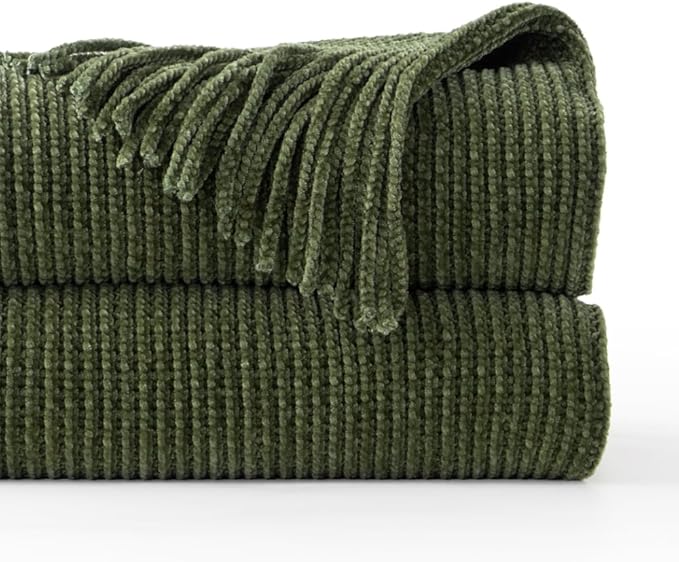 BATTILO HOME Olive Green Throw Blanket for Couch, Soft Chenille Knit Throws with Tassels for Home Decor, Green Throws for Cou