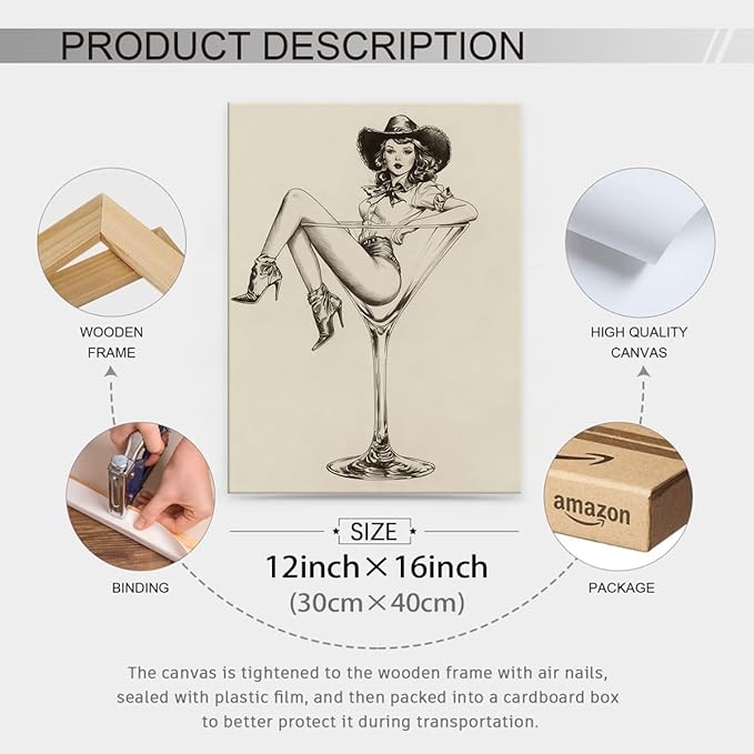 Vintage Western Framed Wall Art Coquette Cowgirl Martini Posters Prints 12x16 in Retro Bar Cart Cocktail Artwork Aesthetic fo