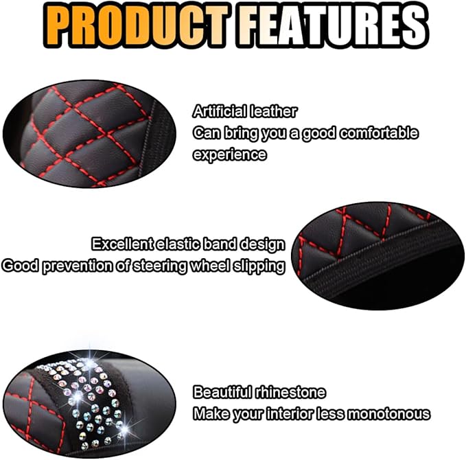 Bling Soft Leather Steering Wheel Cover, 15 Inch Colorful Rhinestones Auto Elastic Protector with Crystal Diamond for Women G