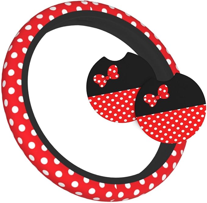 Red Polka Dot Steering Wheel Cover,Cute Classic Universal Fit 14-15 inch Steering Wheel Cover for Women Men, Automotive Inter