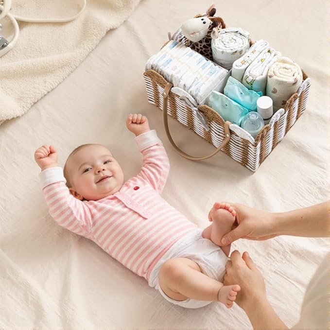 HBlife Large Baby Diaper Caddy, Paper Rope Storage Baskets Nursery Bin with Removable Divider, Portable Car Organizer for Dia