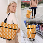 Collapsible Shopping Grocery Bag with Wheels Rolling Tote Bag with Wheels Large Reusable Shopping Bags Foldable Cart(Orange Dot,Large)