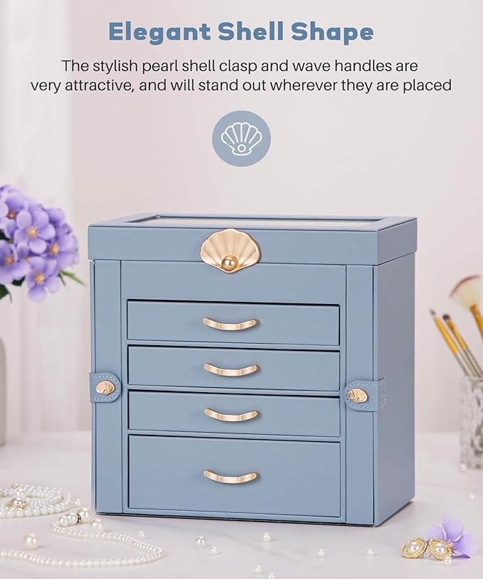 Enthralite Jewelry Box with 4 Drawers: Display Organizer for Earrings Necklaces - Gifts for Girls Women (Grey Blue)
