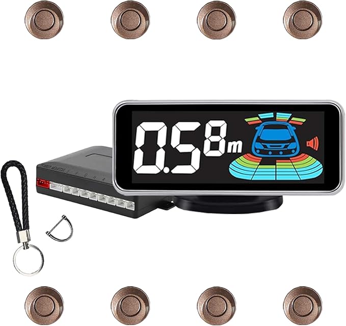Backup Parktronic System Car Auto Vehicle Reverse with 8 Parking Sensors kit, LCD Display, Distance Detection (Meter/Foot Switchable), Buzzer Alarm and Voice Prompt Function（Brown）
