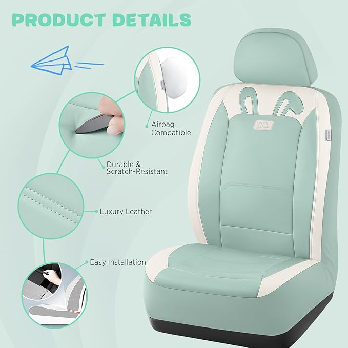 PIC AUTO Car Seat Covers, Cute Rabbit Premium Green Leather Seat Covers, Universal Fit Front Seat Covers for Cars, Trucks, SU