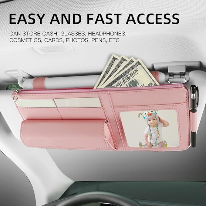 Visor Document Holder for Truck, Car Sun Visor Organizer, Visor Storage Pouch Holder with Sunglasses Clip, Picture Frame, Essential Visor Accessories for Driver Auto Owners Pink