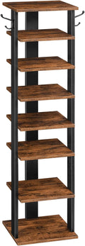 HOOBRO 8 Tiers Vertical Shoe Rack, Wooden Shoe Storage Organizer with Hooks, Narrow Shoe Tower for 8 Pairs, Space Saving, for