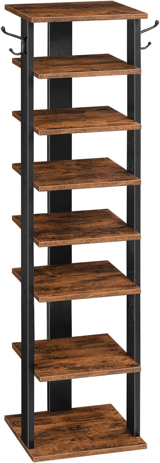 HOOBRO 8 Tiers Vertical Shoe Rack, Wooden Shoe Storage Organizer with Hooks, Narrow Shoe Tower for 8 Pairs, Space Saving, for