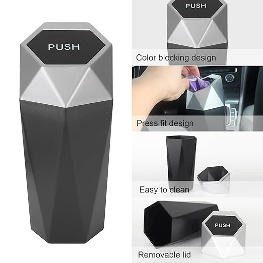 Car Trash Can Bin,Small Garbage Can with Lid,Automotive Cup Holder Mini Cars Trashcan,Portable Door Trash Cans,Car Essentials Gadgets Dustbin (2Pcs, Silver)