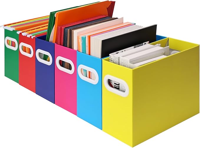 Collapsible File Organizer Box with Handle – Cardboard Hanging File Folder Storage Crate for Desk, Office, School, or Home – 