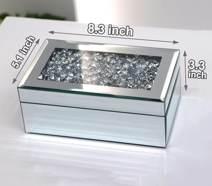 QMDECOR Luxury Silver Crushed Diamond Glass Mirrored Jewelry Organizer Box Storage