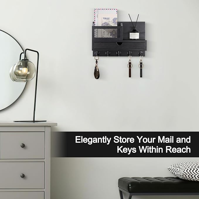 Key Holder Wall Mount, Key Holder for Wall with 5 Key Hooks and Storage Drawer Mail Organizer for Entryway Living Room Farmho