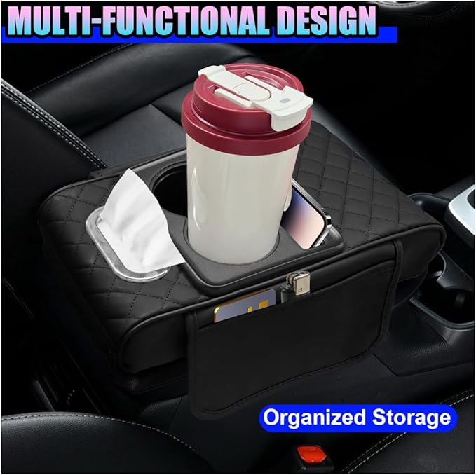 Leather Car Center Console Cover, Universal Automotive Armrest Booster Cushion, Vehicle Middle Console Organizer with 2 Cup Holders, Side Storage Bag, Tissue Box & Phone Slot(Black)