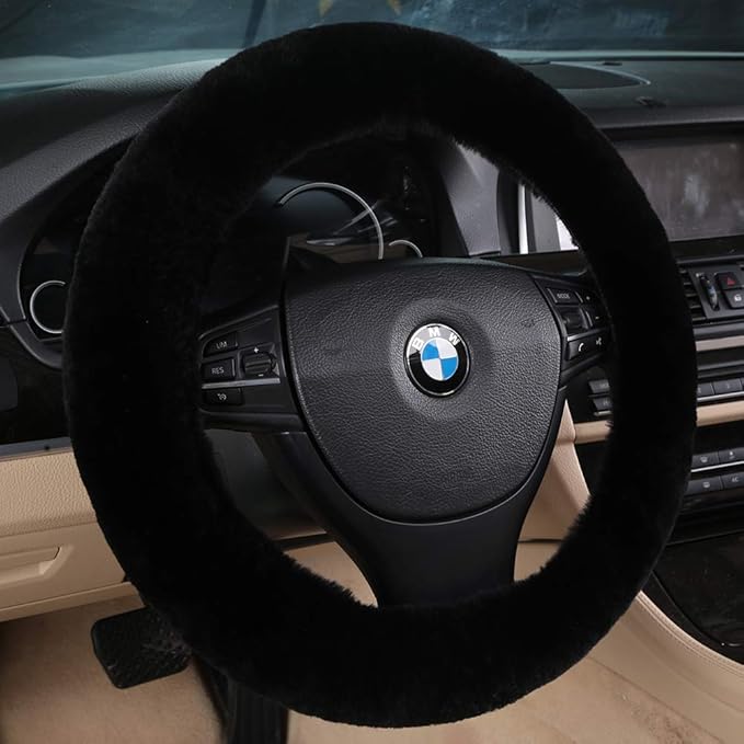 Fluffy Wool Sheepskin Fuzzy Black Car Steering Wheel Cover for Universal Auto Steering Wheel 14 1/2-15 1/2inch, Anti-Slip, So