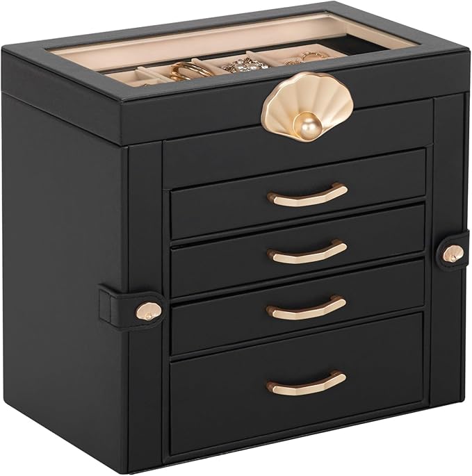 Enthralite Jewelry Box with 4 Drawers: Display Organizer for Earrings Necklaces - Gifts for Girls Women (Black)