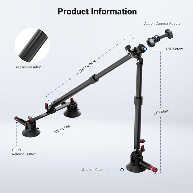NEEWER Triple Suction Cup Car Mount Kit, Two 24" Aluminum Alloy Extension Poles, NATO Rail, Action Camera Adapter Compatible with GoPro DJI Insta 360, Max Load 2.2 lb, CA166
