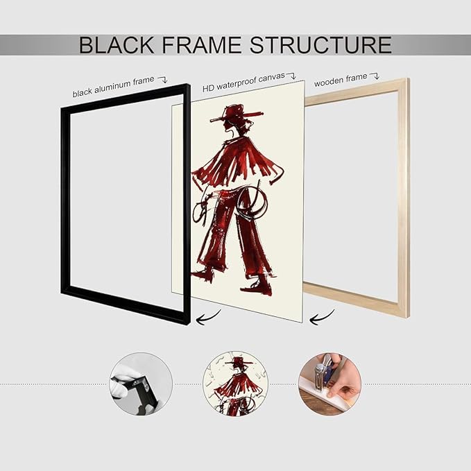 Vintage Western Cowboy Black Framed Wall Art Decor Red Wine Cowgirl Posters Burgundy Cowgirl Prints Midwest Rustic Cowboy Pai