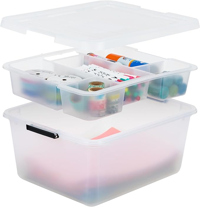 IRIS USA Clip Box with Removable Tray and Latching Lids, 18 Quart Craft Storage Bins, Art & Writing Supply Containers for Hom