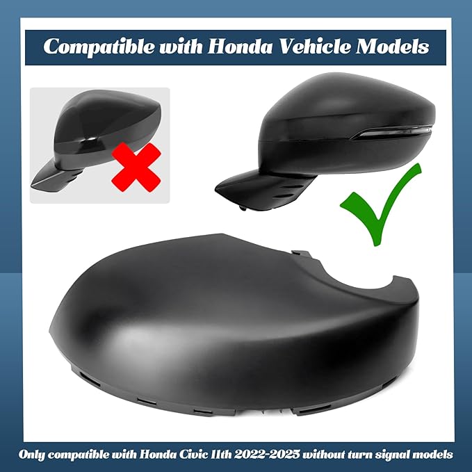 76255-T20-A01 Lower Rearview Mirror Cover Compatible with Honda Civic 11th 2022 2023 2024 2025 without Turn Signal Models Left Driver Side Mirror Bottom Cover Cap Black Replacement Part