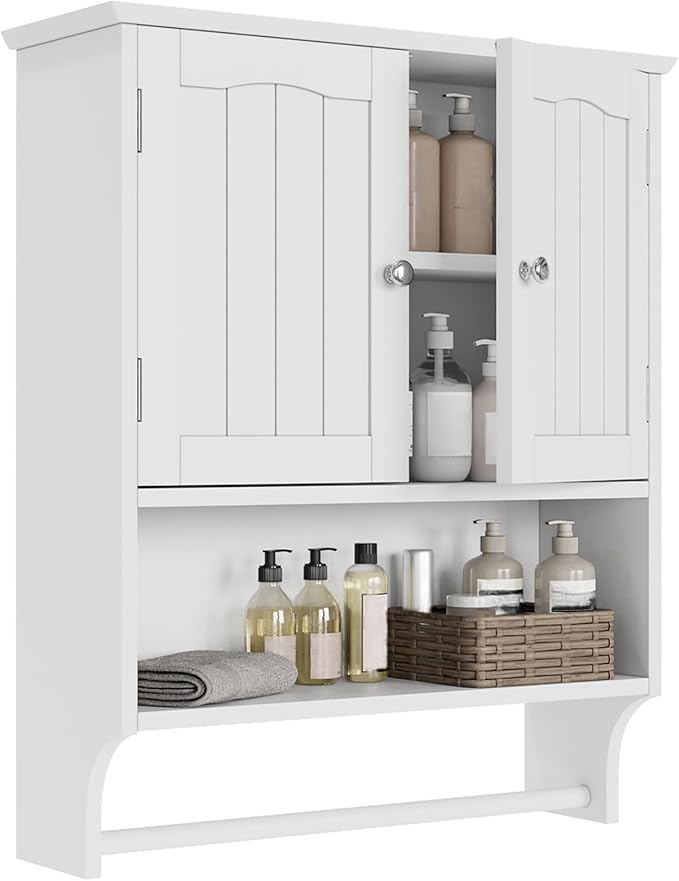 Smuxee White Bathroom Cabinet Wall Mounted with Towels Bar, Bathroom Medicine Cabinet with 2 Door Adjustable Shelves, Over To