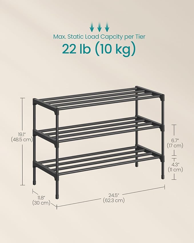SONGMICS 3-Tier Shoe Rack for Closet, Compact Metal Shoe Organizer Shelf for Entryway, Bedroom, Small Spaces, Stackable, 11.8