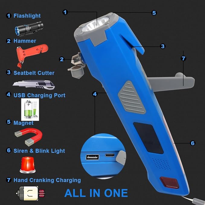 LUXON 8-in-1 Car Emergency Escape Safety Tool Kit:Window Breaker,Seat Belt Cutter,LED Flashlight,Rescue Tool USB Charger,Sire