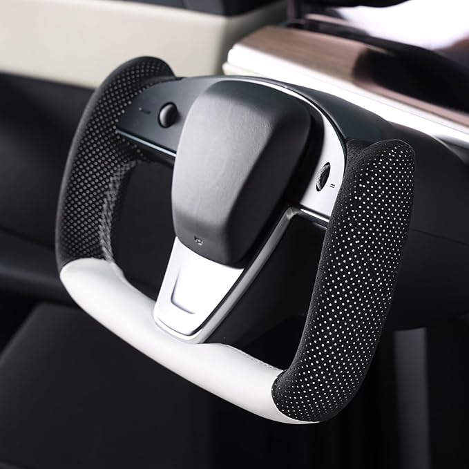 MEWANT Hand Stitched White Leather Steering Wheel Cover Wrap for Tesla Model S 2021-2023 / Model X 2021-2023 Steering Wheel Accessories