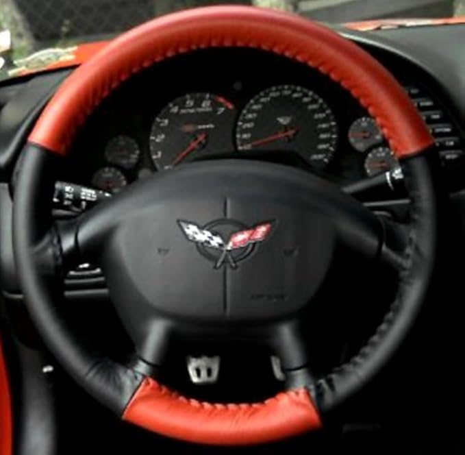 C5 & Z06 Corvette Steering Wheel Cover Custom Made Euro-Style Two-Tone Genuine Leather for 1997-2004 (Red/Black)