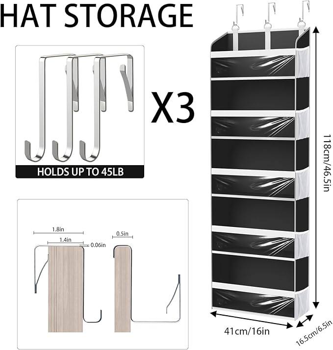 KYEVIS Over the Door Hat Organizer for Baseball Caps, Hold up to 60 Hats Rack Storage for Door/Closet/Wall, Clear Pockets Han