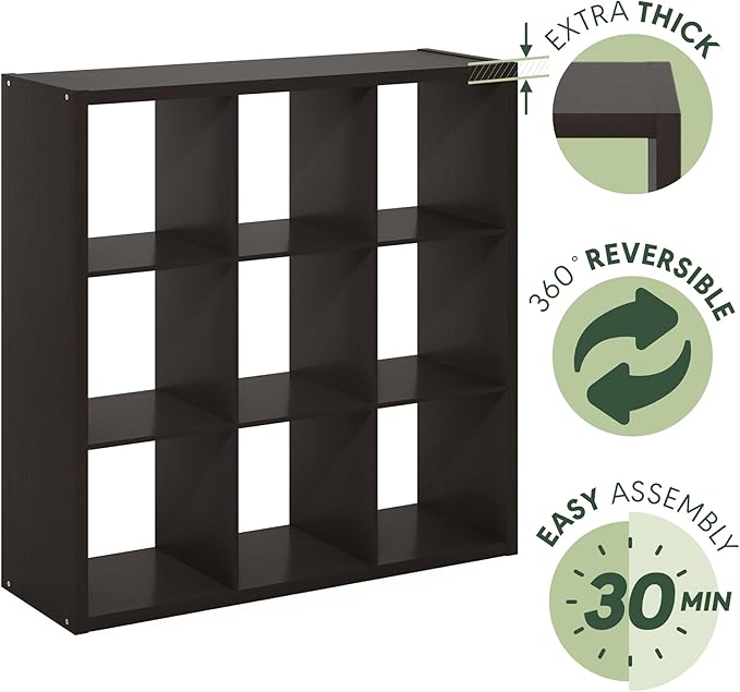 Furinno CUBICLE Book Shelf, 9-Cube Bookshelf, Extra Thick Frame Reversible Bookcase with Open Back, 14.6" x 44" x 44", for Li