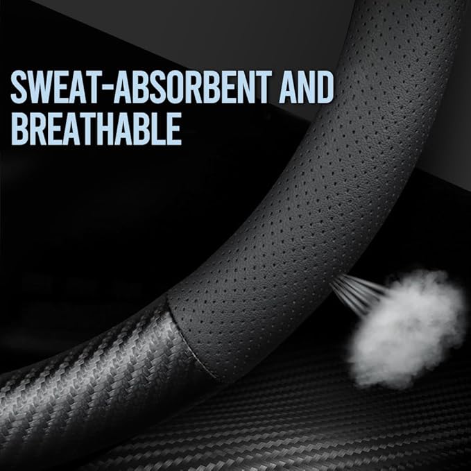 Carbon Fiber Leather car Steering Wheel Cover, Comfortable and Anti-Skid, Universal 15 inch (Black)