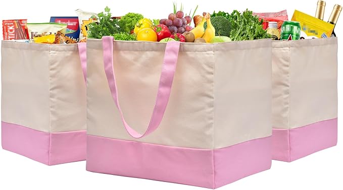 3 Pack Canvas Reusable Grocery Bags Heavy Duty, 8.3 gal Foldable Large Tote Bag with Handles, Holds 60 lbs Canvas Shopping Bags & Washable Eco-friendly Bags with 5 Pockets, Pink+Off white