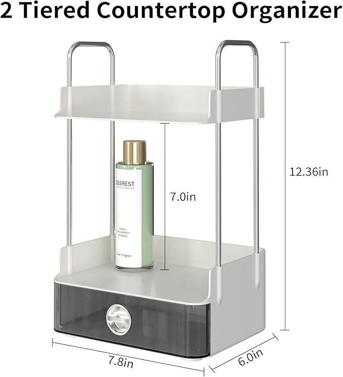 Bathroom Counter Organizer, 2 Tiered Organizer Countertop with Drawer, Makeup and Skincare Storage for Vanity, Desktop, Bathr