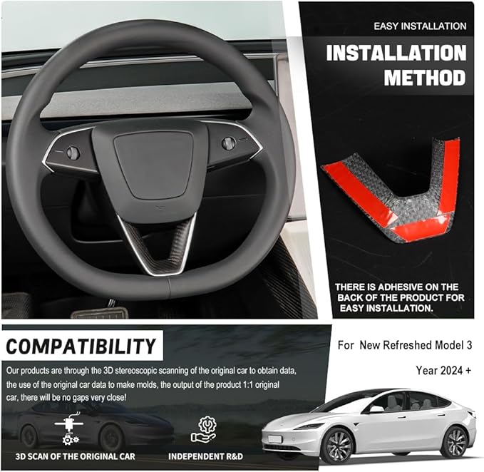 JSWAN Carbon Fiber Steering Wheel Panel Cover Fit for Tesla Refreshed Model 3 Highland Performance (2024+) Model Y Juniper (2025+) Steering Wheel Frame Trim Cover Accessories (Matte Twill Weave)