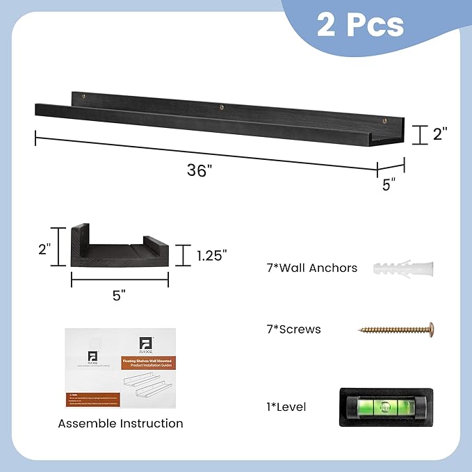 Picture Ledge Shelf for Wall, 36 inch Solid Pine Wood Nursery Book Shelves 2 Packs, Floating Ledge Shelves for Kids' Room Bed