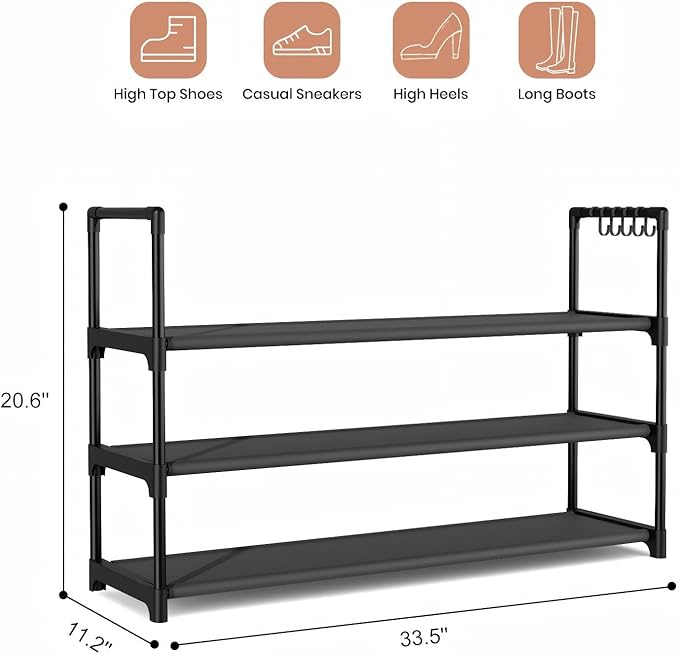 VILICK Shoe Rack for Closet Shoe Organizer Space Saver Storage for 12-15 Pair Shoe Shelf with Hook Free Standing 3 Tier Shoe 