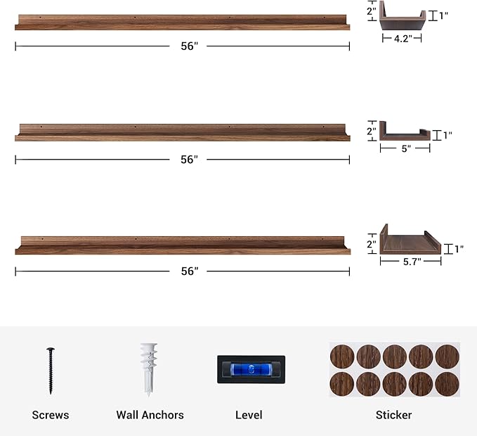 Axeman Picture Ledge Shelf | 55 Inch Walnut Floating Shelves Set of 3 | Rustic Wood Wall Shelves with Lip | 55" Walnut Pictur