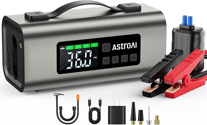 AstroAI 2500A Portable Car Battery Jump Starter with 150PSI Air Compressor 30W Quick Charger, 14800mAh Jump Box (7.5L Gas &