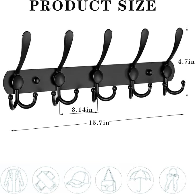 2-Pack Coat Rack Wall Mounted – Space-Saving Wall Clothes Rack, 5 Tri Hooks, Stainless Steel Entryway Organizer for Coats, Ha