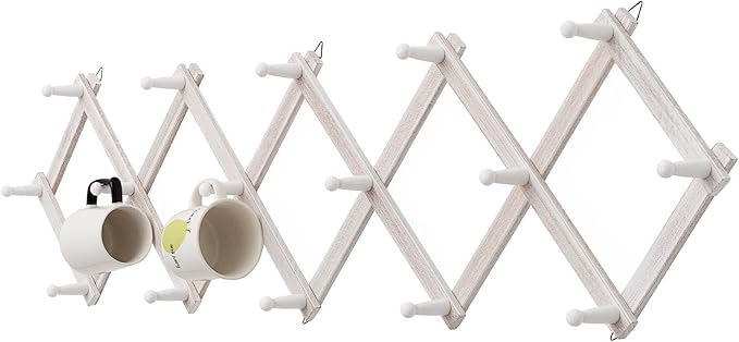 SCUNDA Rustic Wall Mounted Coat Rack with Space Saving Accordion Design, Expandable Wall Mount Coat Rack with 16 Wood Hooks, 