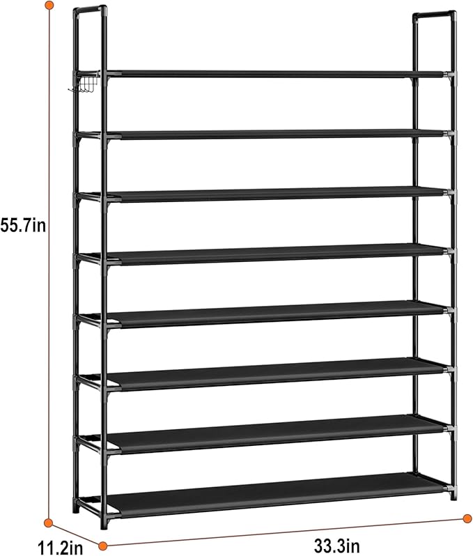 OYREL 8 Tier Shoe Organizer, 33.3in Wide x 11.2in Deep x 55.7in Tall, Black Metal and Plastic Shoe Rack, Holds up to 32-40 Pa