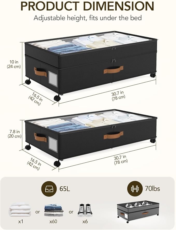 4 Pack Under Bed Storage with Wheels, Adjustable Height Storage Containers, 10 inches Large Capacity Rolling Underbed with Li
