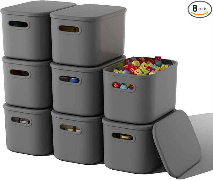 ORGIDOL 8 Pack Dark Grey Storage Bins with Lids Stackable Storage Container for Organizing, Storage Boxes with Handle for She