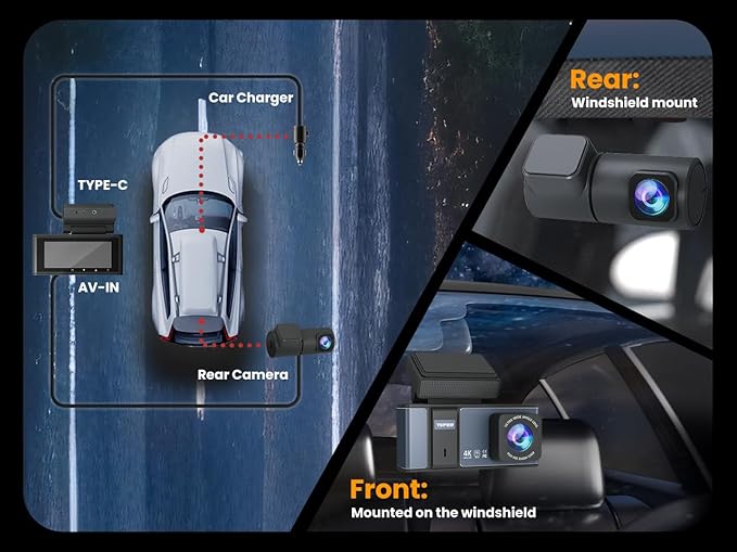 Dashcam Front and Rear Camera,TVFEA Dash cam 4K,Dual Dash Camera for Cars with Wi-Fi,3.18" LCD Screen,64GB Card,APP Control,N