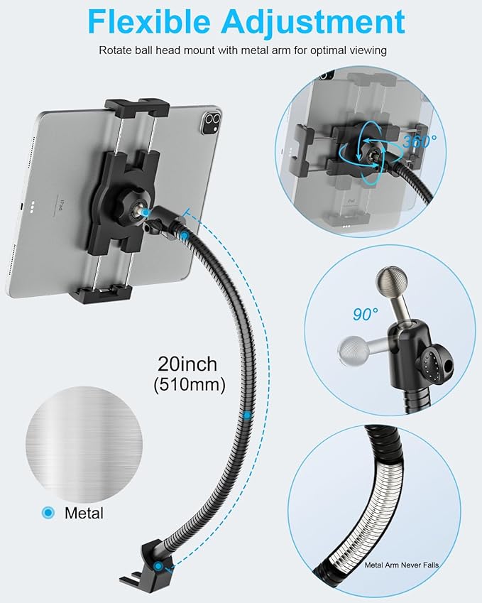 Car Seat Rail Tablet Holder for Truck, Gooseneck Heavy-Duty Front Passenger Seat Tablet Mount, 20inch Adjustable Metal Arm Compatible with 4-13" iPad Pro Air Mini, iPhone, Galaxy Tabs, Z Fold, Fire HD