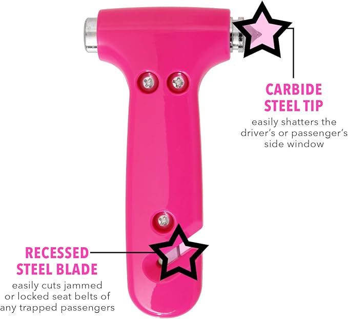 Super-Cute Safety Hammer - Emergency Automotive Escape Hammer Tool, Seat Belt Cutter & Car Window Break Tool - Pink, 1 Count