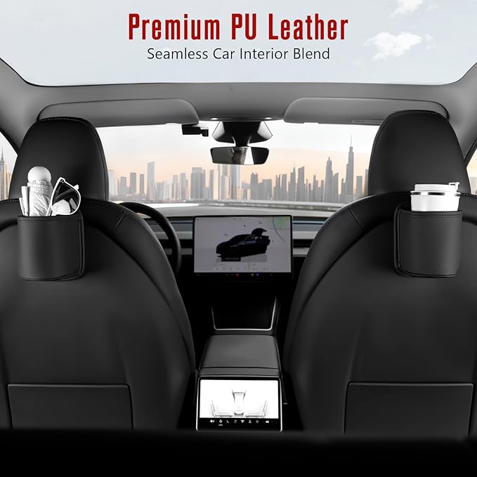 Leather Car Cup Holder Organizer (2-Pack) | Anti-Sag Clip On Drink Cupholder for Back Seat, Car Side Door, Headrest | Premium Extra Automotive Cup Holders for Water Bottles, Tumblers & Coffee Mugs